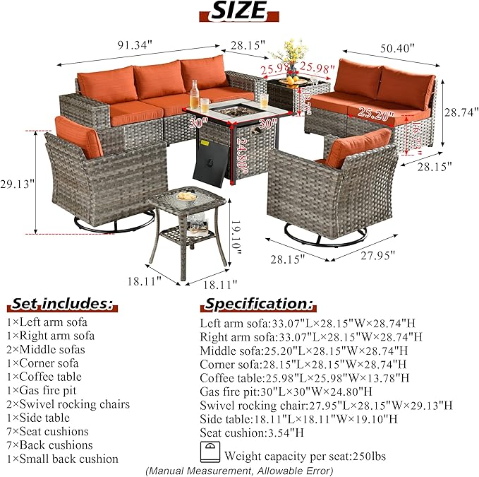 HOOOWOOO Outdoor Patio Sectional Furniture Sofa Set with Fire Pit Table,10 Piece Modern Wicker Couch with Swivel Chairs,Modular Conversation Seating Set with Widened Armrest for Garden(Orange Red)