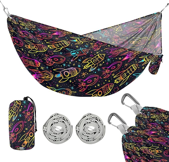 Camping Hammock Outdoor Hammocks for Outside Neon Rocket Doodle Beach Trees Portable Lightweight with Pockets Tree Straps Indoor