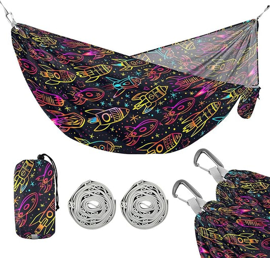 Camping Hammock Outdoor Hammocks for Outside Neon Rocket Doodle Beach Trees Portable Lightweight with Pockets Tree Straps Indoor