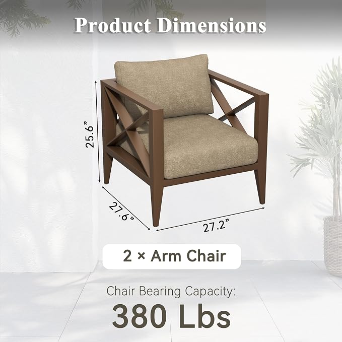 2 Piece Aluminum Patio Furniture Set, Modern Outdoor Patio Conversation Sets with Ergonomic Armhairs, 6" Thick Washable Cushions for Balcony, Porch, Backyard,Brown