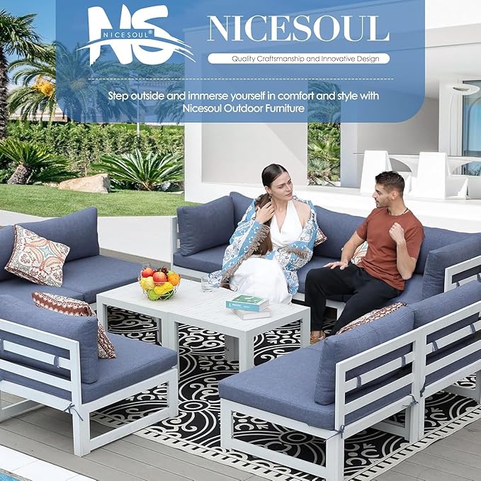 NICESOUL 14 Piece Extra Large Aluminum Outdoor Furniture Set, Rust-Proof Luxury Patio Sectional with Coffee Table, 500lbs Sturdy Comfortable Couch Sofa Conversations for Outside Garden, Denim Blue