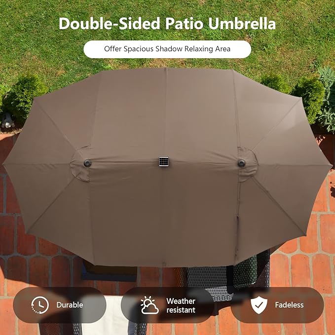 Tangkula 15 Ft Solar Patio Umbrella, Double-Sided Extra Large Outdoor Market Table Umbrella with 48 LED Lights, Crank Handle, 12 Sturdy Ribs for Poolside, Garden & Backyard (Tan)