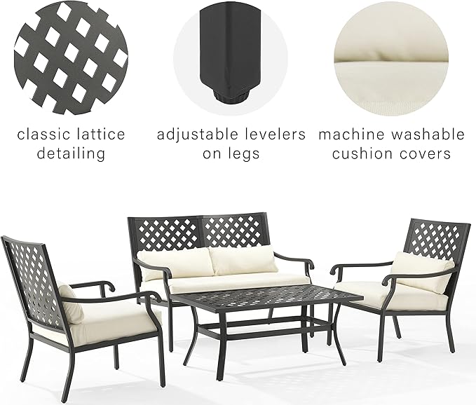 Crosley Furniture Alistair 4-Piece Outdoor Loveseat Patio Furniture Set, Conversation Sets for Porch, Deck, Matte Black with Creme Cushions