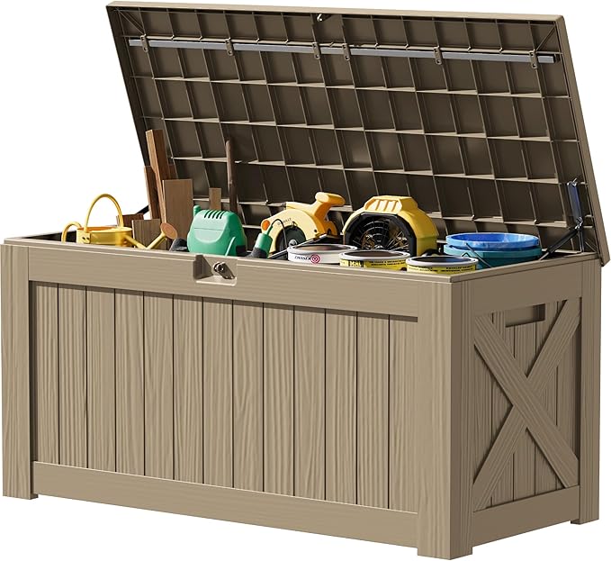 JUMMICO 120 Gallon Resin Deck Box, Large Outdoor Storage Box Waterproof & Lockable for Garden, Patio, Pools (Light Brown)