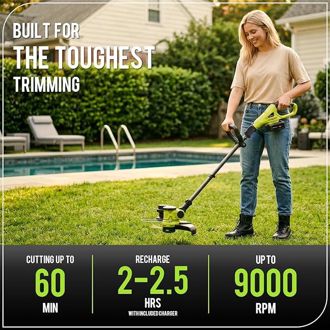 20V 12'' Cordless String Trimmer, Grass Trimmer&Edger with 8 Replacement Spools, Battery Powered Weed Trimmer with Auto Line Feed for Garden, Lawn(2*4AH Battery and Charger Included), Green