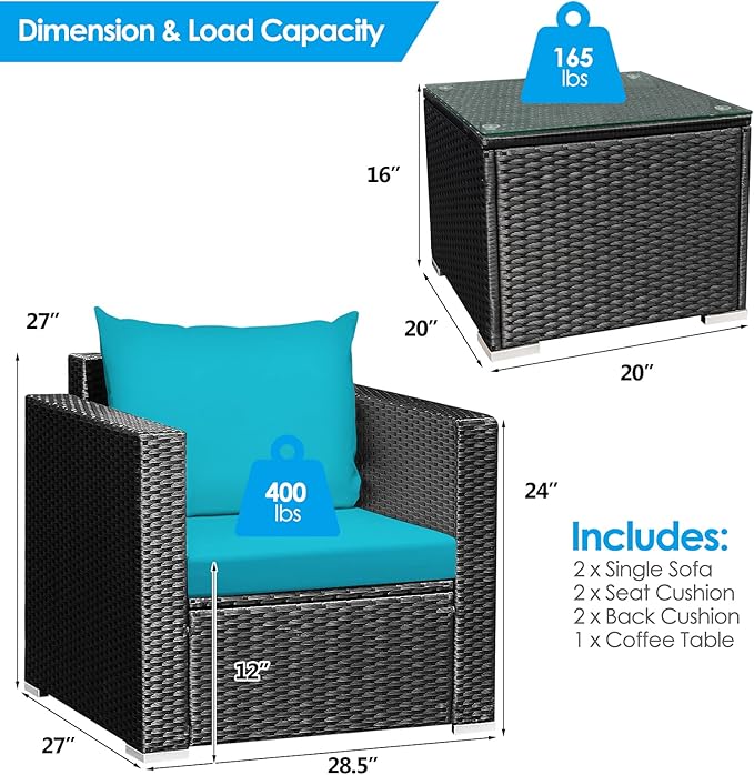 3 Pieces Patio Conversation Set Outdoor Rattan Wicker Furniture Set with Water-Resistant Cushion & Tempered Glass Tabletop, Wicker Chair for Porch, Balcony, Backyard(Turquoise)