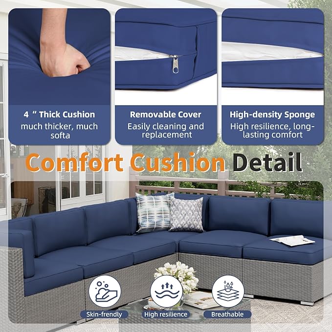 Oakcloud 8-Piece Outdoor Patio Furniture Sofa Set with 45” Propane Gas Fire Pit Table, Grey Rattan Wicker Sectional Conversation Sets with Glass Top Tables and Cushions(Dark Blue, w/Fire Pit Table)