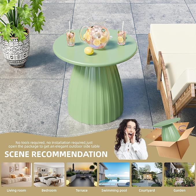 Round Small Patio Side Table Set of 2, Metal Steel Outdoor Side Table, Patio Accent End Table for Garden, Pool, Yard, Balcony, Living Room, Deck, Weather Resistant, No Assembly, Green