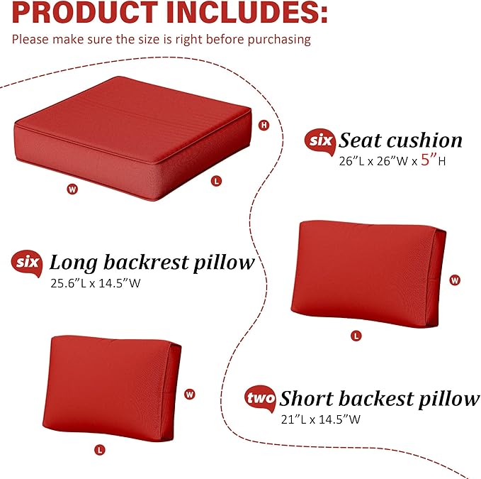 Outdoor Furniture Replacement Cushions, 5" Foam Foam High-Density, Fits 6-seat Sectional Rattan Conversation Set, 14 Piece Patio Water-Resistant Replacement Sofa Cushions, Liner&Cover