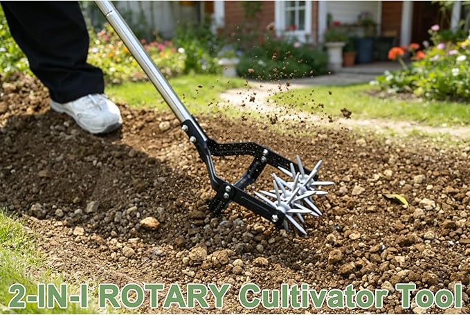 YEELOR Garden Rotary Cultivator, 67-Inch Adjustable Handle, Sturdy Star Tines, 2-in-1 Weeding & Tilling Hand Tiller, Ideal for Tilling Flower Beds, Planters, Vegetable Gardens Elevated Planter Beds