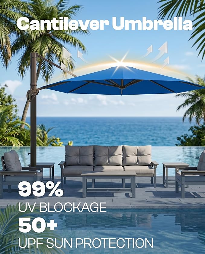 11 FT Round Cantilever Umbrella,Easy Tilt, Fade Resistant & 360° Rotation, Offset for Pool Deck Backyard Patioroyal blue (Base not Included)