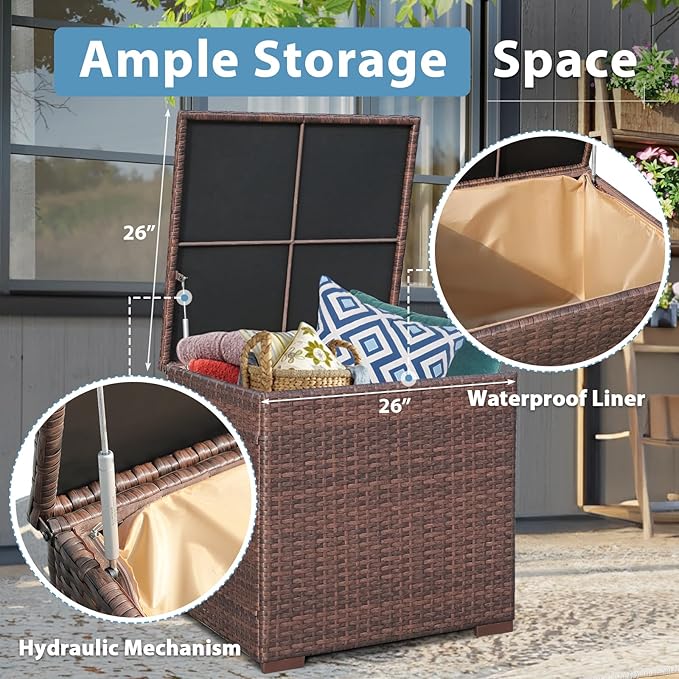 JOIVI 9 Piece Patio Conversation Sets - Wicker Patio Couch Set with Fire Pit, Durable Handwoven Fabric, Fireproof Glass Beads Cover, Storage Box, Great for Romantic Dining & Movie Nights, Brown