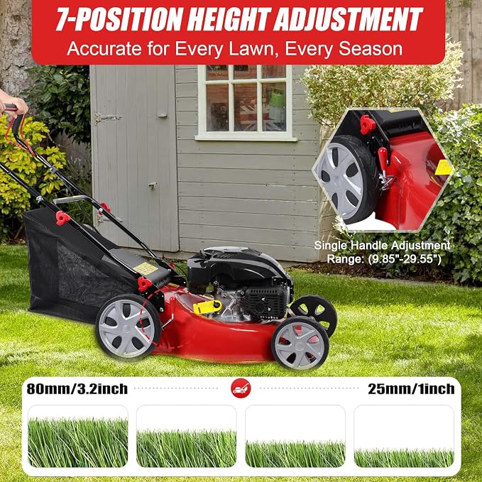 Self Propelled Gas Lawn Mower, 141cc 4-Stroke Push Lawn Mower, 20 Inches Walk-Behind Lawn Mowers, Cordless Lawn Mowers Manual Lawn Mowers with 50L Grass Tank ＆ Big Wheels for Home, Yard, Gard