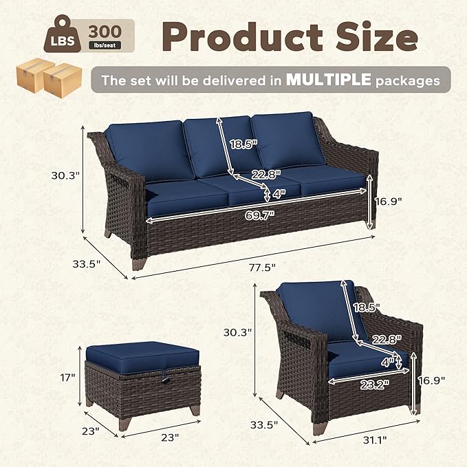 5 Pieces Patio Conversation Furniture Set - 1 Sofa, 2 Armchairs, 2 Ottomans, Outdoor Wicker Furniture with Removable Cushions for Porch, Balcony, Sunroom (Blue)