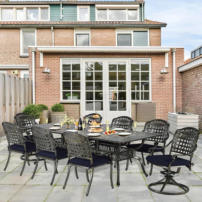 9-Piece Patio Cast Aluminum Dining Set, Outdoor Table and Chairs Set for 8, Includes 94.5" Rectangular Dining Table, 6 Stationary, 2 Swivel Dining Chairs with Umbrella Hole, Navy Blue