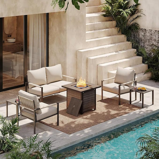 Metal Patio Furniture Set w/Fire Pit Table, 6-Piece Patio Set with 5-Inch Thick Cushions, Outdoor Furniture Set for Garden, Backyard, Balcony, Poolside (Warm Grey)