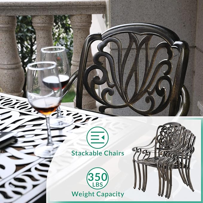 VIVIJASON 5-Piece Outdoor Patio Dining Set, All-Weather Cast Aluminum Conversation Set, Patio Furniture Set for Balcony Lawn Garden, Include 4 Cushioned Chairs, a 35.4 inch Round Table w/Umbrella Hole