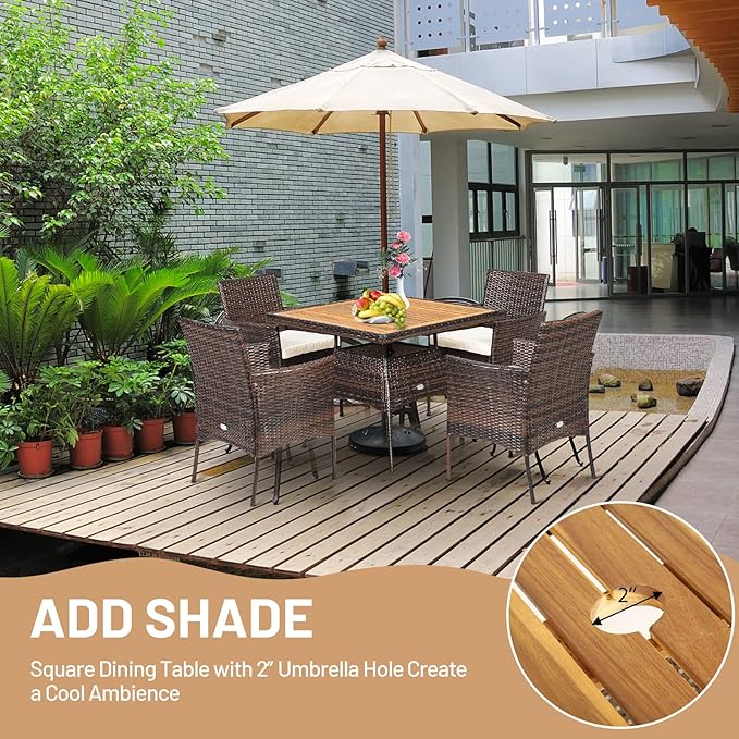 Tangkula 5 Pieces Wicker Patio Dining Set, Outdoor Acacia Wood Dining Furniture with 4 Armrest Chairs & 1 Dining Table, Rattan Conversation Set with Cushions & Umbrella Hole for Backyard Garden Porch