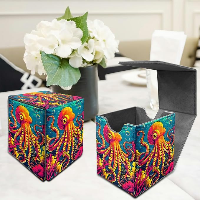 Octopus Ocean Bottom Card Deck Box for MTG, Personalized Card Storage Case Fits 120+ Sleeved Cards, Premium Leather TCG Box with Strong Magnetic Closure for Magic, CCG, PTCG, Baseball Cards