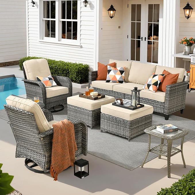 ovios 6 Pieces Patio Furniture Set, Outdoor Wicker Sofa Couch with Rocking Swivel Chairs Comfy Cushions, Modern Deep Seat Rattan Conversation Sets for Deck Porch, Beige
