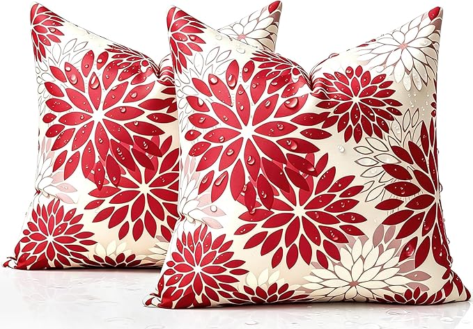 Set of 2 Dahlia Throw Pillow Covers 18×18 Inches Outdoor Waterproof Throw Pillow Cases Red and Pink Decorative Cushion Covers for Patio Funiture Garden Living Room