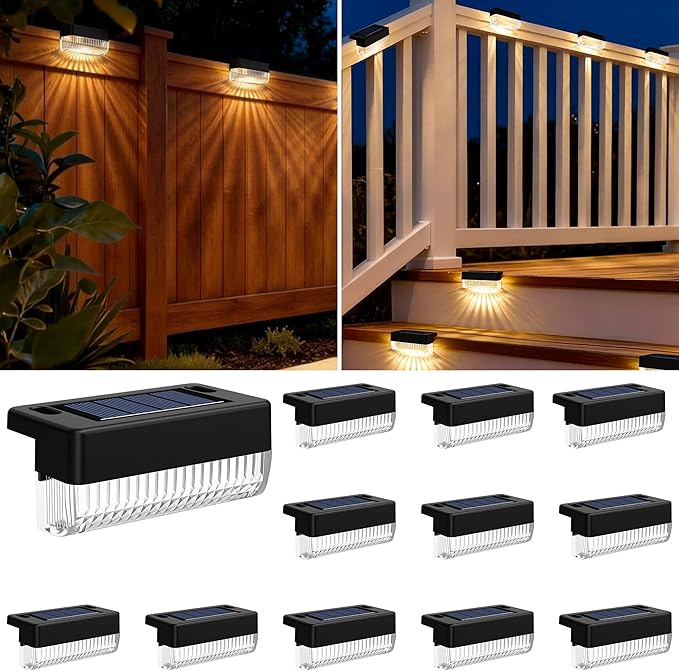 Solar Deck Lights Outdoor 12 Packs, Solar Powered LED Step Lights Waterproof Outdoor for Deck, Step, Fence, Wall, Patio, Yard, Pool, Pathway and Stairs (Warm White)