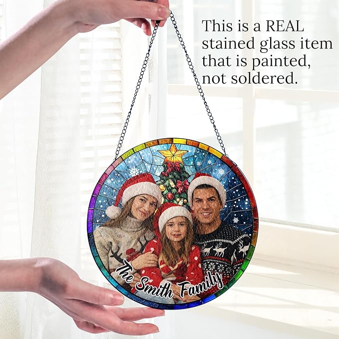 Personalized Stained Glass Christmas Suncatcher – Custom Family Photo Window Decor – First from Mom and Dad – Holiday Tree Ornament Keepsake