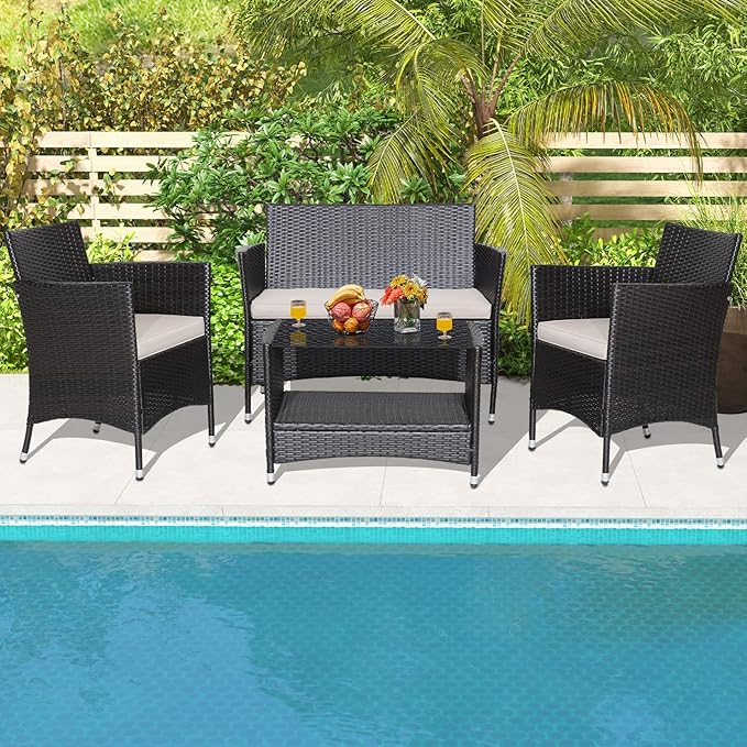 HAPPYGRILL 4 Pieces Rattan Patio Furniture Set, Mix Brown Wicker Sofa Set with Soft Seat Cushions, 2-Tier Tempered Glass Coffee Table, Outdoor Rattan Conversation Set for Backyard Poolside