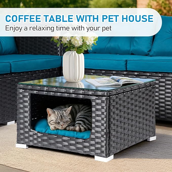 VINGLI 4 Pieces Outdoor Sectional Wicker Patio Furniture Set, Patio Sectional Sofa with Hidden Storage Outdoor Conversation Set, Glass Top Coffee Table for Backyard, Pool, Garden(Black)