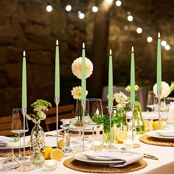 CVHOMEDECO. Flameless Taper Candles with 10-Key Remote, Battery Operated Led Flickering 3D Wick Window Candles Real Wax Finished Home Christmas Party Decor 0.78 x 11 Inch, Pack of 3, Light Green