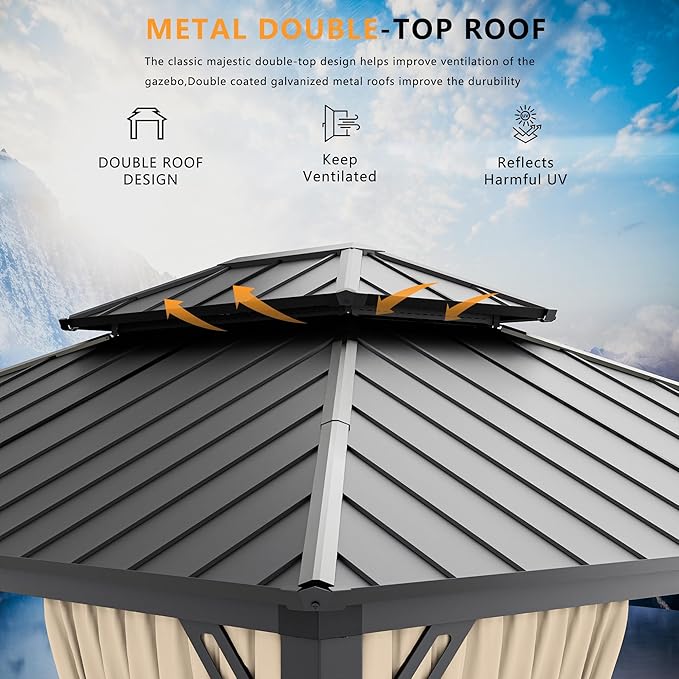 12' x 14' Hardtop Gazebo,Outdoor Permanent Pavilion Double Galvanized Steel Roof Pergola with Nettings and Curtains,Patio Sunshade Gazebos for Patio Lawns Backyard Deck,Brown