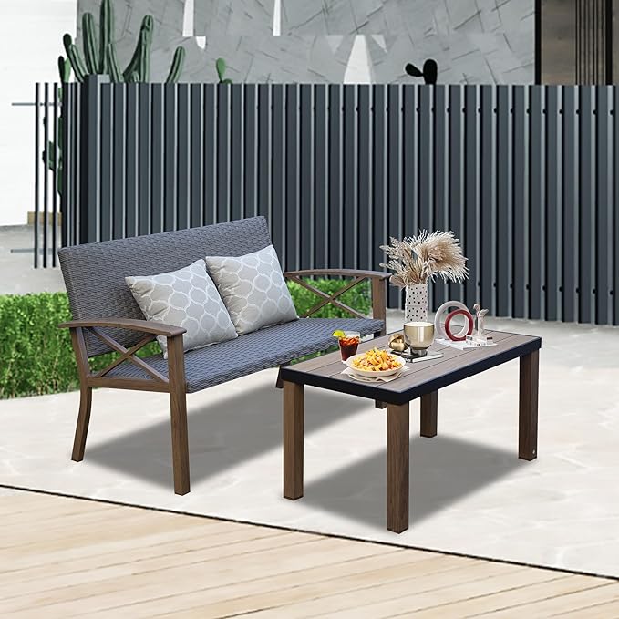 Domi Aluminum Patio Furniture Set, 2-Piece Modern Conversation Set with Cotton Padding Backrests and Seats, Outdoor Loveseat Metal Sofa Set with 5.5 Inch Cushion and Coffee Table for Balcony, Garden
