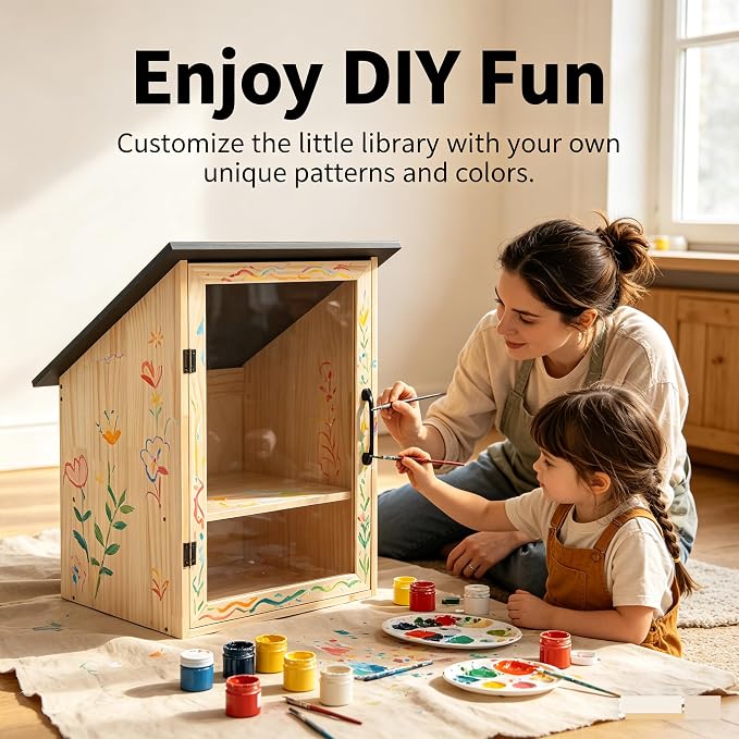 Little Outdoor Library Box, 2-Tier Waterproof Free Library Wooden Cabinet, 16x14x23in Small Storage Box for DIY, Neighbourhoods, Communities and Kids to Share Books, Magazines, Artworks