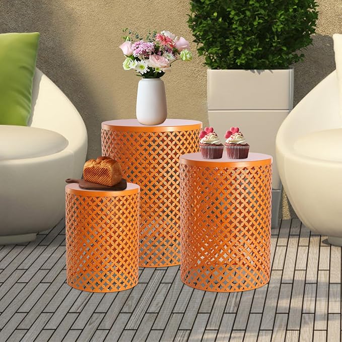Set of 3 Outdoor Side Table, Garden Stool for Patio, Metal Accent Table Modern End Table, Patio Side Table for Garden, Balcony, Bedroom Indoor Outdoor Decorative, Terracotta Orange