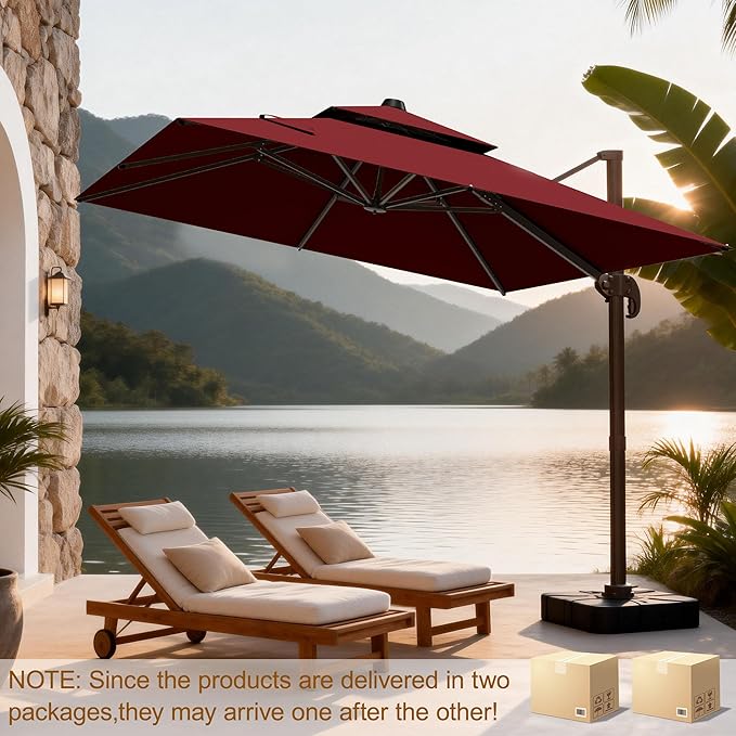 10x10Ft Patio Umbrella Outdoor Cantilever Rectangle Umbrella with Base Included, 6-Level Tilt & 360° Rotation Offset Umbrella for Garden, Deck, Pool(Red)
