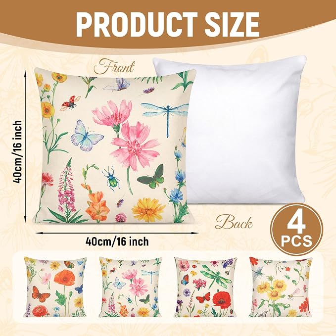 tiggell Outdoor Pillow Covers Waterproof 16x16 Set of 4, Spring Summer Decorative Throw Pillow Covers for Home Garden Patio Couch Swing Sofa Decor