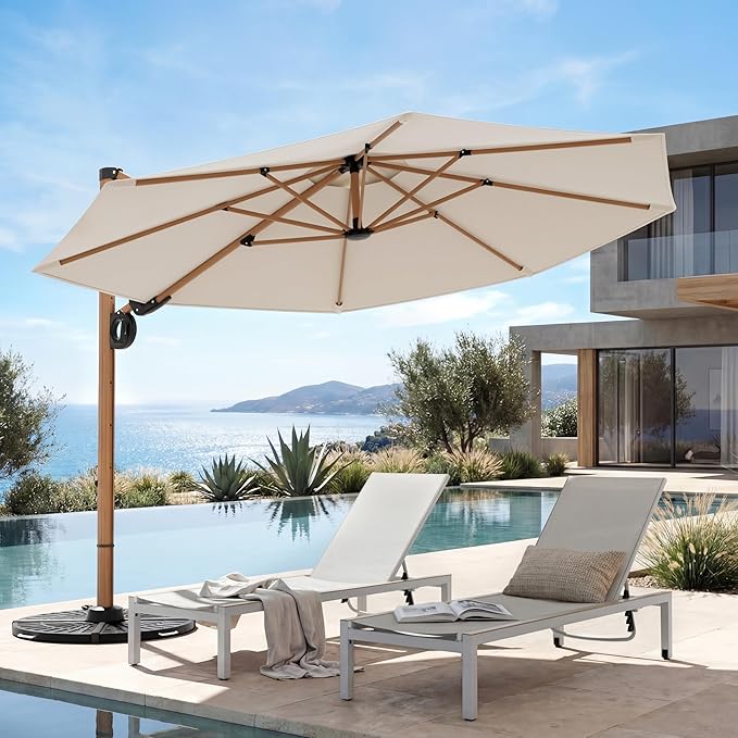 Grand patio 12 FT Patio Umbrella, Outdoor Cantilever Round Umbrella with 360° Rotation, Aluminum Offset Umbrella for Patio Garden Deck Pool, Beige