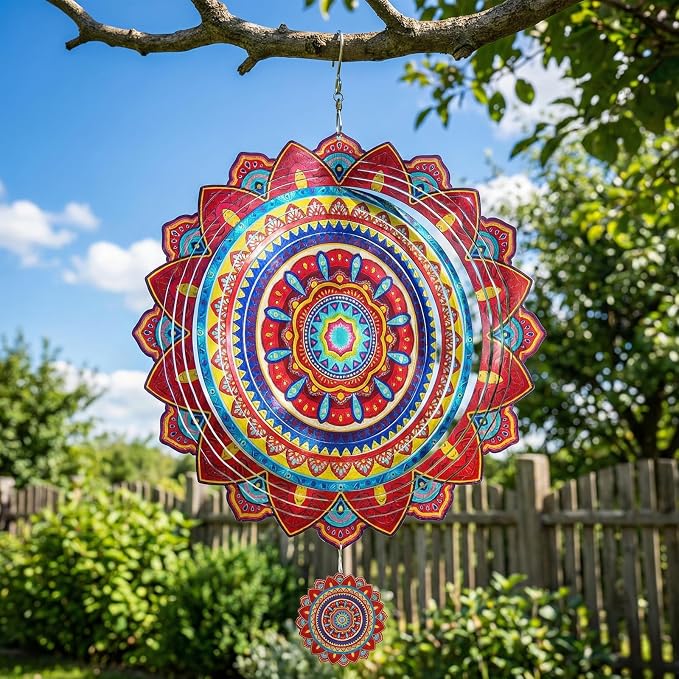 Mandala Wind Spinner, 12 Inch Stainless Steel Wind Spinners Outdoor, 3D Kinetic Laser Cut Hanging Sculpture, Metal Yard Art Decoration, Indoor/Outdoor Decor Gifts for Women, Men, Holidays