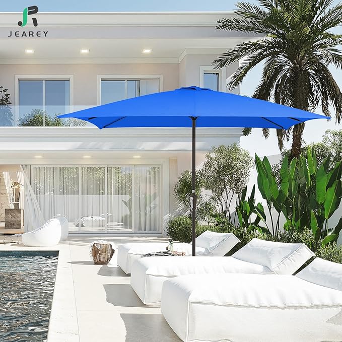 JEAREY 8x10 ft Rectangular Patio Umbrellas Outdoor Table Market Umbrella w/Crank, 8 Sturdy Ribs, UV Protection Windproof Sunproof for Garden, Deck, Backyard, Pool(Royal Blue)