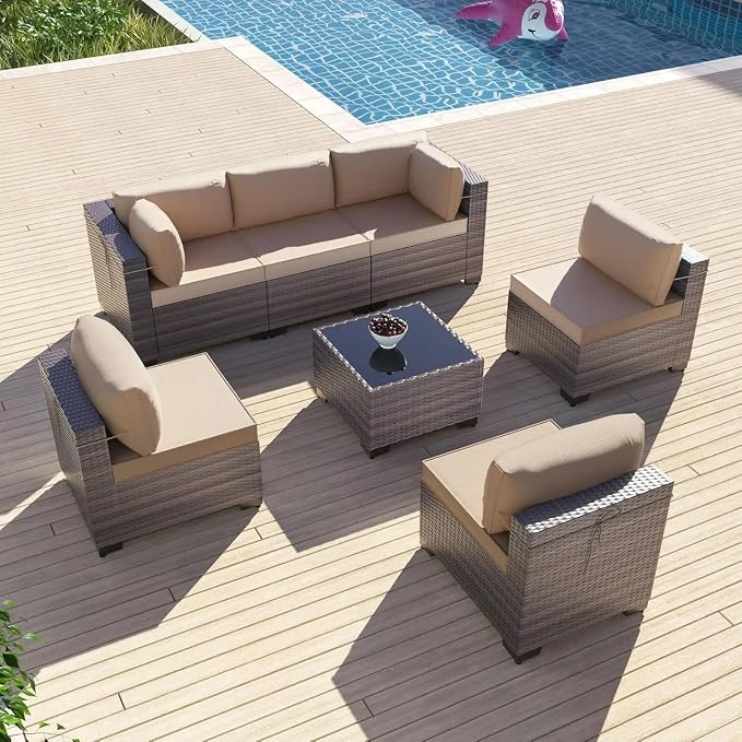 7 Pieces Outdoor Patio Furniture Sets Wicker Conversation Set Sectional Sofa Includes 6 All-Weather High Back Deep Seat PE Outdoor Sectional