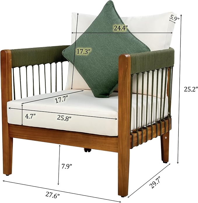 Christopher Knight Home Nadine 3 Pieces Patio Conversation Set, Handwoven Rope Accent Chairs, Acacia Wood Side Table, Tub Shaped Club Chairs, Round Side Table and Chair Set for Yard, Green+Beige