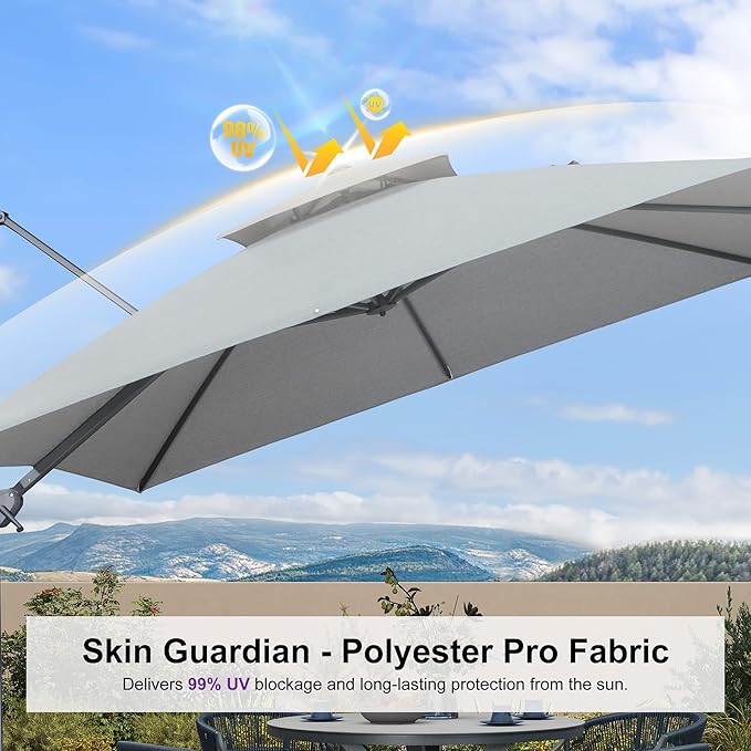 PURPLE LEAF 10 FT Cantilever Patio Umbrella with Light, 220lbs Base Large Square Windproof Offset Umbrella for Pool Deck Garden, Pebble Grey