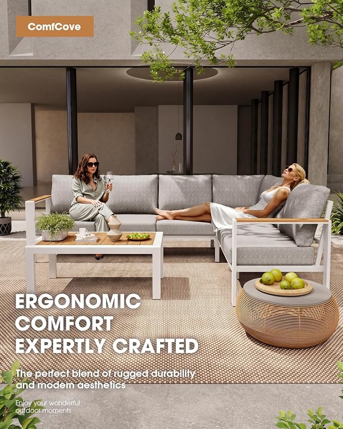 Aluminum Outdoor Patio Furniture Set 8 Seats, Outdoor Sectional Corner Sofa, Patio Conversation Set with Coffee Table & Washable Cushions, Furniture Set for Porch, Balcony, Deck, White