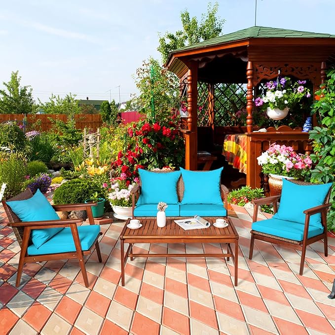 Tangkula 8 PCS Patio Wood Sofa Set, Outdoor Acacia Wood Seating Chat Set with Cushions & Coffee Table, Sectional Conversation Sofa Set for Garden, Backyard, Poolside (2, Turquoise)