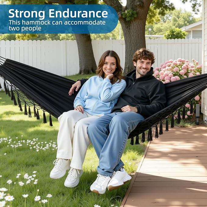 Brazilian Style Double Hammock with Fringe, 2 Person Patio Hammock for Backyard & Indoor Relaxation, Soft Breathable Fabric, Easy Setup with Straps & Carry Bag, 360 lbs Capacity