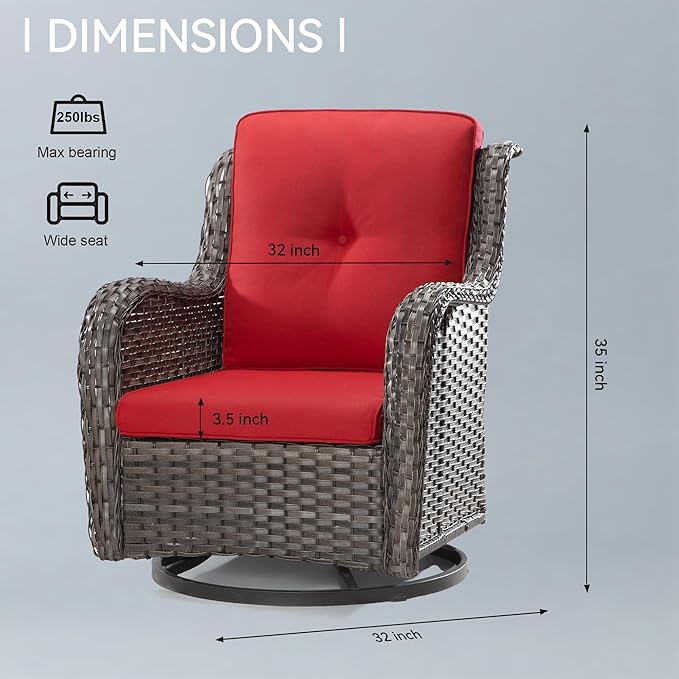 Outdoor Swivel Rocker Wicker Chair, High Back Swivel Patio Chair with OIefin Cushions (Mixed Grey/Red)