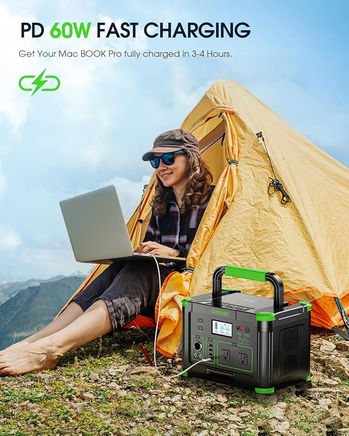 Portable Power Station 1000W (Peak 2000W), 999Wh Solar Generator with Pure Sine Wave AC Outlet, 60W USB-C PD, 10 Ports for Camping RV Van Home Backup Emergency Off-Grid Living