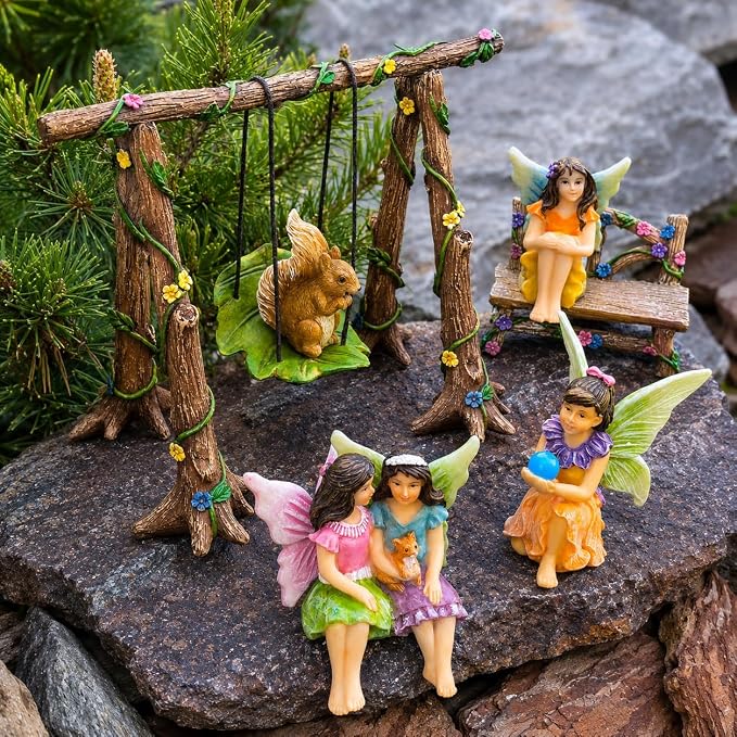 Mood Lab Fairy Garden Figurines with Swing - Miniature Accessories Set (6 pcs) - Outdoor Indoor Garden Decor