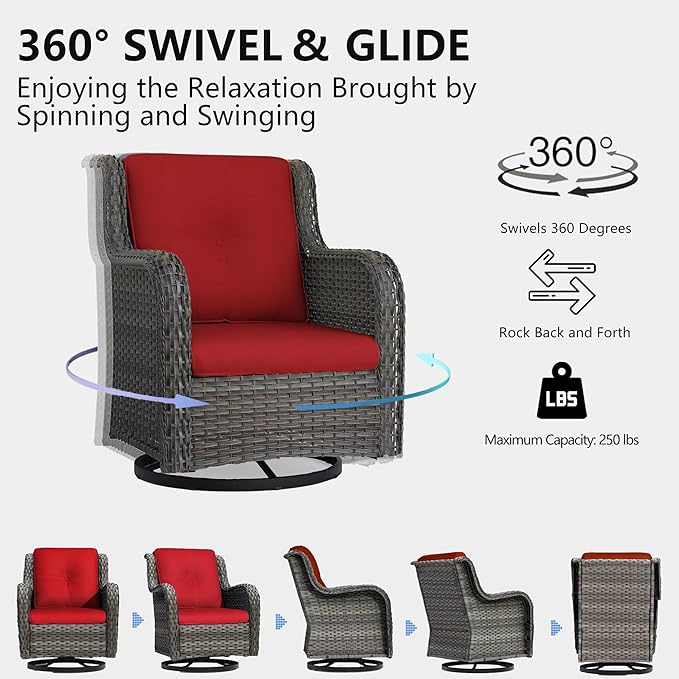 Outdoor 360 Degree Swivel Rocker Patio Chairs Sets of 2 and Matching Side Table - 3 Piece Patio Wicker Glider Chairs with Olefin Cushions(Mixed Grey/Red)