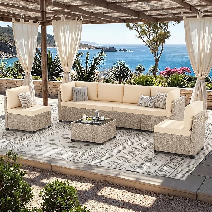 Soohow 7-Piece Patio Furniture Set, Outdoor Sectional All-Weather Wicker Patio Conversation Set for Garden, Porch, Backyard - Beige Cushions